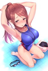 Rule 34 | 1girl, armpits, arms up, barefoot, blue one-piece swimsuit, blurry, blush, breasts, brown hair, commentary request, competition swimsuit, covered navel, depth of field, foreshortening, from above, highres, idolmaster, idolmaster cinderella girls, kneeling, large breasts, long hair, mifune miyu, natsu (nattiyann), one-piece swimsuit, parted lips, ponytail, purple eyes, revision, sidelocks, solo, sweatdrop, swimsuit, tile floor, tiles, tying hair, whistle, whistle around neck