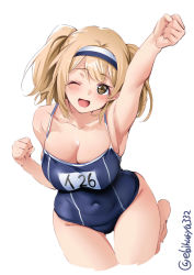 Rule 34 | 1girl, ;d, armpits, arms up, bare arms, bare shoulders, barefoot, blush, breasts, brown eyes, cleavage, collarbone, competition school swimsuit, covered navel, cropped legs, ebifurya, hairband, highres, i-26 (kancolle), kantai collection, large breasts, light brown hair, long hair, looking at viewer, name tag, one-piece swimsuit, one eye closed, open mouth, school swimsuit, simple background, skindentation, smile, solo, swimsuit, twitter username, two-tone hairband, two side up, white background