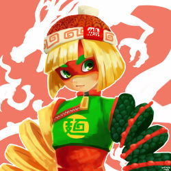 Rule 34 | 1girl, 2017, @ @, absurdres, arms (game), beanie, blonde hair, blunt bangs, bob cut, chinese clothes, chinese text, clothes writing, crop top, dated, domino mask, dragon, dragon (arms), eastern dragon, flat chest, green eyes, green shirt, hat, highres, knit hat, looking away, looking to the side, mag (cocoa), mask, min min (arms), orange hat, orange shirt, outline, ringed eyes, scales, shirt, short hair, signature, turtleneck, undershirt, upper body, zipper, zipper pull tab
