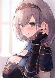 Rule 34 | 1girl, adjusting hair, armor, black gloves, blush, breasts, cleavage, closed mouth, commentary, eyelashes, fingerless gloves, gloves, green eyes, hair between eyes, hand in own hair, highres, hololive, large breasts, looking at viewer, mole, mole on breast, shirogane noel, shirogane noel (1st costume), short hair, shoulder armor, silver hair, solo, sunlight, tiara, upper body, vambraces, virtual youtuber, window, yudetama