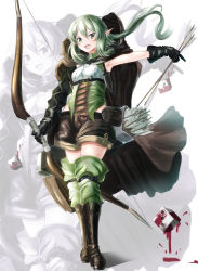 Rule 34 | 10s, 1girl, :d, armpits, arrow (projectile), asymmetrical sleeves, blood, boots, bow, bow (weapon), cloak, dice, elf, full body, gloves, goblin slayer!, green eyes, green hair, hair bow, high elf archer (goblin slayer!), holding, holding weapon, hood, hooded cloak, long hair, low ponytail, open mouth, outstretched arm, pointy ears, pouch, shorts, sidelocks, sleeveless, smile, solo, tagame (tagamecat), uneven sleeves, weapon