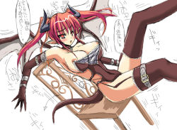 Rule 34 | blush, breasts, chair, cleavage, demon, demon girl, elbow gloves, garter belt, gloves, horns, huge breasts, nipple slip, nipples, open mouth, pointy ears, red eyes, red hair, solo, stem (roam), tail, thighhighs, translated, twintails