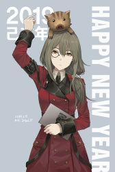 Rule 34 | 1girl, 2019, animal, animal on head, ark john up, artist name, boar, coat, commentary, cowboy shot, dated, dress shirt, english commentary, english text, eyebrows, folder, girls&#039; frontline, grey hair, griffin &amp; kryuger military uniform, helianthus (girls&#039; frontline), highres, low ponytail, military, military uniform, monocle, necktie, new year, on head, ponytail, shirt, solo, sweatdrop, trench coat, uniform, yellow eyes