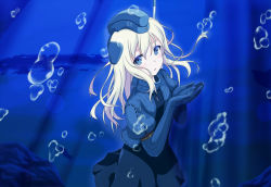 Rule 34 | 10s, 1girl, black dress, blonde hair, blue eyes, bubble, dress, garrison cap, gloves, hat, headgear, kantai collection, kuroma (no plan), long hair, looking at viewer, military, military hat, military uniform, puffy sleeves, solo, u-511 (kancolle), underwater, uniform