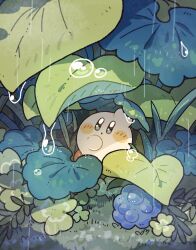 Rule 34 | 1other, :o, blue eyes, blueberry, blush stickers, clover, commentary, dew drop, food, fruit, grass, hand on own face, harukui, highres, kirby, kirby (series), leaf, looking at object, nintendo, open mouth, rain, tiny, water drop