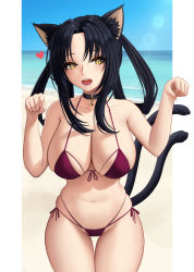 Rule 34 | 1girl, :o, animal ears, bare shoulders, beach, bell, bikini, black choker, black hair, blue sky, blush, breasts, cat ears, cat girl, cat tail, choker, cleavage, collarbone, day, fang, female focus, heart, high school dxd, highres, kuroka (high school dxd), large breasts, lipstick, long hair, makeup, micro bikini, multiple tails, navel, neck bell, ocean, open mouth, parted bangs, paw pose, purple lips, red bikini, sand, shore, sidelocks, skindentation, sky, solo, stomach, swimsuit, tail, thighs, two tails, water, waves, yellow eyes, zaphn