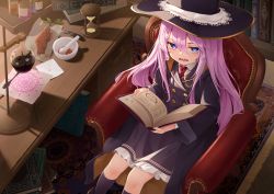 Rule 34 | 1girl, armchair, black dress, blue eyes, book, chair, crescent, crescent pin, desk, dress, frilled dress, frills, hat, highres, hourglass, kanpa (campagne 9), kneehighs, lace-trimmed headwear, lace trim, medium dress, messy room, mortar (bowl), necktie, original, pink hair, reading, red necktie, socks, v-shaped eyebrows, witch, witch hat