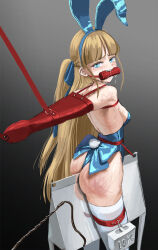 Rule 34 | 1girl, animal ears, armbinder, arms behind back, ass, bdsm, blonde hair, blue archive, blue eyes, blue leotard, bondage, bound, bound arms, breasts, fake animal ears, from behind, gagged, highres, itou tatsuya, leotard, long hair, looking at viewer, medium breasts, monoglove, official alternate costume, playboy bunny, rabbit ears, rabbit tail, restrained, saliva, solo, strapless, strapless leotard, tail, thighhighs, toki (blue archive), toki (bunny) (blue archive), weights, whip marks, white thighhighs, wooden horse