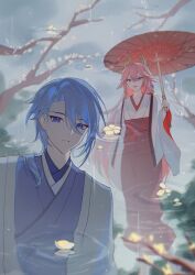 Rule 34 | 1boy, 1girl, bare tree, blurry, branch, cherry blossoms, depth of field, genshin impact, hair between eyes, hanayu aa, highres, holding, holding umbrella, japanese clothes, kamisato ayato, light smile, looking at viewer, oil-paper umbrella, outdoors, pink hair, pink umbrella, purple eyes, rain, red umbrella, snow, snowing, transparent, transparent umbrella, tree, umbrella, yae miko