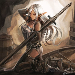 Rule 34 | 1girl, arm belt, arrow (projectile), barrel, belt, bow (weapon), breasts, cleavage, dark-skinned female, dark elf, dark skin, dated, dress, earrings, elbow gloves, elf, from side, gloves, hand in own hair, highres, indoors, jewelry, kneeling, light frown, lips, long hair, long sword, looking at viewer, looking to the side, medium breasts, on floor, original, parted bangs, pointy ears, quiver, red eyes, side slit, silver dress, silver hair, sleeveless, sleeveless dress, solo, sushi (sashimise), thigh strap, thighhighs, twitter username, weapon