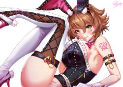Rule 34 | 1girl, anchor, animal ears, armband, artist name, black leotard, blush, bodypaint, boots, breasts, brown hair, detached collar, fake animal ears, finger to mouth, from side, gloves, green eyes, grin, hair between eyes, heart, high heels, kantai collection, large breasts, leg up, leotard, lips, looking at viewer, lying, mutsu (kancolle), on back, rabbit ears, sakiyamama, short hair, simple background, smile, solo, thigh boots, thighhighs, white background, white gloves, white thighhighs