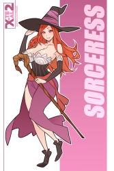 Rule 34 | 1girl, artist name, bare shoulders, breasts, brown hair, character name, cleavage, detached sleeves, dragon&#039;s crown, full body, hat, large breasts, long hair, looking at viewer, sash, side slit, smile, solo, sorceress (dragon&#039;s crown), staff, vanillaware, watermark, web address, witch hat, x-t3al