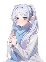 Rule 34 | 1girl, absurdres, afri, blue scarf, closed mouth, coat, dangle earrings, drop earrings, earrings, flower, frieren, green eyes, grey hair, highres, holding, holding flower, jewelry, long hair, looking at viewer, scarf, simple background, solo, sousou no frieren, white background, white coat