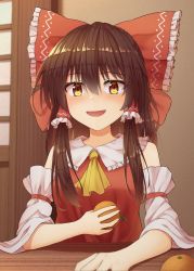 Rule 34 | 1girl, :d, ascot, bare shoulders, bow, brown hair, detached sleeves, food, fruit, hair bow, hair tubes, hakurei reimu, highres, holding, holding food, holding fruit, indoors, looking at viewer, medium hair, open mouth, orange (fruit), red bow, sidelocks, smile, solo, touhou, wide sleeves, yellow ascot, yellow eyes, yosshy