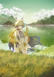 Rule 34 | 1girl, absurdres, arknights, blonde hair, blue hair, chinese commentary, cloud, coat, commentary request, dock, e-razor, earrings, eyeshadow, field, green eyes, green sky, highres, holding, holding plant, horns, jewelry, long hair, looking to the side, makeup, mountainous horizon, multicolored hair, necklace, outdoors, pants, plant, red eyeshadow, rice paddy, shirt, shu (arknights), sleeveless, sleeveless shirt, solo, tassel, tassel earrings, water, white coat, white pants, white shirt