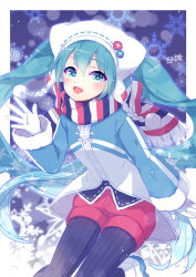 Rule 34 | 1girl, :d, argyle, blue eyes, blush, buttons, gloves, gradient background, hat, hatsune miku, highres, long hair, looking at viewer, open mouth, pantyhose, pantyhose under shorts, pom pom (clothes), red shorts, scarf, shorts, smile, snowflakes, solo, striped clothes, striped pantyhose, striped scarf, twintails, vertical-striped clothes, vertical-striped pantyhose, vocaloid, waving, white gloves, winter clothes, yuki miku, yuki miku (2016) (candidate no.1), zenyu