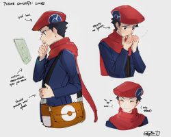 Rule 34 | 1boy, aged up, arrow (symbol), bag, black hair, brown bag, character name, closed eyes, closed mouth, cold, commentary, creatures (company), english text, game freak, hand up, hands up, hat, hazel0217, highres, holding strap, long sleeves, lucas (pokemon), male focus, multiple views, nintendo, own hands together, pokemon, pokemon dppt, red headwear, red scarf, scarf, short hair, sketch, smile, thinking, upper body