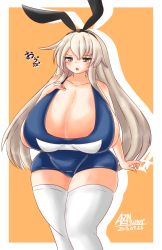 Rule 34 | 10s, 1girl, alternate breast size, ayazumi flutter, blonde hair, blue one-piece swimsuit, breasts, brown eyes, cleavage, collarbone, fat, female focus, gigantic breasts, hair ornament, hair ribbon, kantai collection, long hair, one-piece swimsuit, ribbon, school swimsuit, shimakaze (kancolle), sideboob, simple background, solo, standing, swimsuit, thick thighs, thighhighs, thighs, white thighhighs, wide hips
