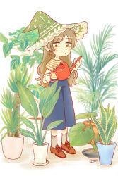 Rule 34 | 1girl, blue skirt, blush stickers, brown footwear, brown hair, commentary request, dot nose, earrings, full body, green hat, grey socks, hat, highres, holding, holding watering can, jewelry, long hair, original, plant, potted plant, shirt, skirt, socks, solo, striped clothes, striped shirt, usaplanet, watering can, witch hat, yellow eyes
