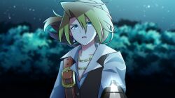 Rule 34 | 1boy, anime coloring, aqua eyes, belt buckle, blonde hair, blurry, blurry background, buckle, earrings, etrian odyssey, frown, gold necklace, gun, hair between eyes, hair flowing over, highres, imomayo neezu, jewelry, looking at viewer, looking down, male focus, medium hair, mole, mole under eye, necklace, night, open mouth, pirate, pirate 3 (sekaiju), pointing gun, ponytail, popped collar, sekaiju no meikyuu, sekaiju no meikyuu 3, serious, shirt, solo, upper body, waistcoat, weapon, white shirt