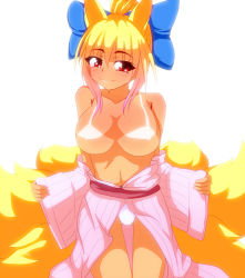 Rule 34 | 1girl, alternate costume, alternate hairstyle, alternate headwear, animal ears, blonde hair, blush, bow, breasts, collarbone, female focus, fox ears, fox tail, gradient hair, hair bow, japanese clothes, kimono, large breasts, long sleeves, looking at viewer, merry (diameri), multicolored hair, multiple tails, nipples, off shoulder, open clothes, open kimono, panties, pink hair, pink kimono, ponytail, red eyes, smile, solo, stomach, tail, tan, tanline, topless, touhou, underwear, white panties, wide sleeves, yakumo ran, yukata