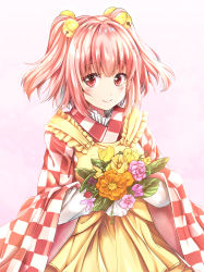 Rule 34 | 1girl, apron, bell, blush, bouquet, checkered clothes, checkered kimono, commentary request, cowboy shot, flower, frilled apron, frills, fule, gradient background, hair bell, hair ornament, highres, holding, holding flower, japanese clothes, jingle bell, kimono, leaf, long sleeves, looking at viewer, motoori kosuzu, orange flower, pink background, pink flower, pink hair, red eyes, red flower, red kimono, short hair, smile, solo, standing, touhou, two side up, white kimono, wide sleeves, yellow apron, yellow flower