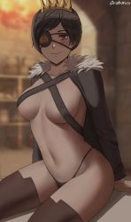 Rule 34 | 1girl, ace (playing card), ace of spades, bed, black clover, black hair, black panties, blush, boots, breasts, brown thighhighs, closed mouth, eyepatch, highres, large breasts, oroborus, panties, playing card, red eyes, short hair, smile, spade (shape), tagme, thighhighs, underwear, vanica zogratis