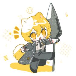 Rule 34 | 1girl, animal ears, black necktie, blonde hair, chibi, coat, collared shirt, commentary, dog ears, dog girl, dog tail, don quixote (project moon), grey coat, grey pants, holding, holding polearm, holding weapon, huchu (papper), kemonomimi mode, korean commentary, lance, limbus company, long sleeves, necktie, notice lines, open clothes, open coat, open mouth, pants, polearm, project moon, shirt, short hair, smile, solo, tail, v-shaped eyebrows, walking, weapon, white shirt, yellow eyes