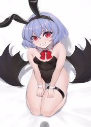 Rule 34 | 1girl, alternate costume, animal ears, barefoot, bat wings, black leotard, black wings, bow, bowtie, breasts, commentary request, covered navel, detached collar, fake animal ears, grin, highres, leotard, light purple hair, nail polish, playboy bunny, rabbit ears, red bow, red bowtie, red nails, remilia scarlet, seiza, short hair, simple background, sitting, skindentation, small breasts, smile, solo, strapless, strapless leotard, sudako (dai011305), sweatdrop, thigh strap, thighs, touhou, v-shaped eyebrows, white background, wings, wrist cuffs