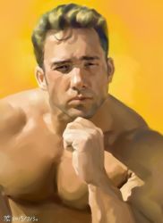 Rule 34 | 1boy, bare pectorals, billy herrington, brown hair, cha mui, closed mouth, commentary, dated, english commentary, gachimuchi pants wrestling, hand up, head rest, looking at viewer, male focus, manly, outline, pectorals, portrait, real life, realistic, serious, shadow, simple background, solo, squinting, white outline, wrestling (series), yellow background
