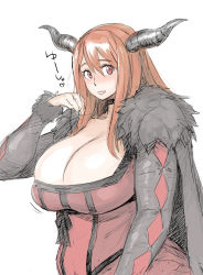 Rule 34 | 10s, 1girl, blush, bobobo, breasts, brown hair, cleavage, heart, horns, huge breasts, long hair, looking at viewer, maou (maoyuu), maoyuu maou yuusha, parted lips, plump, red eyes, red hair, sketch, solo, translated, vasixx, white background