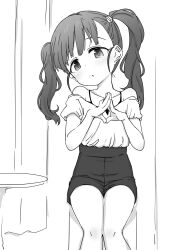 Rule 34 | 1girl, alternate hairstyle, bare shoulders, black camisole, black eyes, black hair, black shorts, camisole, collarbone, commentary, curtains, fukuyama mai, greyscale, head tilt, high-waist shorts, highres, idolmaster, idolmaster cinderella girls, indoors, looking at viewer, monochrome, nishino hikoji, off-shoulder shirt, off shoulder, own hands together, parted lips, shirt, shirt tucked in, shorts, solo, spaghetti strap, table, twintails, white shirt