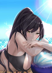 Rule 34 | 1girl, ball, bare shoulders, beach, beachball, bikini, black bikini, black hair, blue sky, blush, breasts, brown eyes, cleavage, commentary, crossed arms, day, front-tie top, hair between eyes, high ponytail, highres, idolmaster, idolmaster shiny colors, large breasts, long hair, looking at viewer, lying, on stomach, outdoors, parted lips, ponytail, sand, schreibe shura, shirase sakuya, sky, solo, sunlight, sweat, sweatdrop, swimsuit, upper body