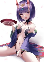 Rule 34 | 1girl, :p, absurdres, alcohol, bare shoulders, blush, bob cut, breasts, collarbone, cup, eyeliner, fangs, fate/grand order, fate (series), gyzett, headpiece, highres, horns, japanese clothes, kimono, long sleeves, looking at viewer, makeup, navel, oni, open clothes, open kimono, petite, purple eyes, purple hair, purple kimono, revealing clothes, revision, sakazuki, sake, short eyebrows, short hair, shuten douji (fate), skin-covered horns, small breasts, smile, solo, thighs, tongue, tongue out