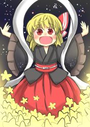 Rule 34 | 1girl, blonde hair, bow, cosplay, gaoo (frpjx283), gradient background, hair bow, highres, open mouth, orihime (cosplay), orihime (tanabata), outstretched arms, red eyes, rumia, shawl, solo, star (symbol), touhou, wide sleeves