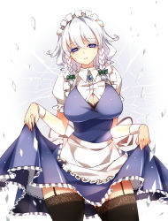 Rule 34 | 1girl, apron, black thighhighs, blue dress, blue eyes, bow, braid, breasts, brooch, cleavage, commentary request, cowboy shot, dress, frilled apron, frills, garter straps, green bow, hair between eyes, hair bow, highres, izayoi sakuya, jewelry, large breasts, looking at viewer, maid, maid apron, maid headdress, parted lips, puffy short sleeves, puffy sleeves, raptor7, shirt, short hair, short sleeves, silver hair, skirt hold, solo, standing, thighhighs, thighs, touhou, twin braids, waist apron, white apron, white background, white shirt, wrist cuffs