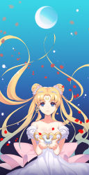 Rule 34 | 1girl, bare shoulders, bishoujo senshi sailor moon, blonde hair, blue background, blue eyes, bow, breasts, cleavage, crescent, crescent facial mark, dakun, double bun, facial mark, forehead mark, hair ornament, hairpin, highres, long hair, looking at viewer, moon, petals, pink bow, princess serenity, smile, solo, tsukino usagi, twintails, upper body