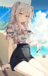 Rule 34 | 1girl, ahoge, animal ear piercing, animal ears, belt, black belt, black nails, black shorts, blush, breasts, collarbone, collared shirt, commentary, copyright name, english text, floral print, grey hair, grey shirt, hair between eyes, highres, hololive, large breasts, lion ears, long hair, looking at viewer, official alternate costume, print shirt, shirt, shishiro botan, short sleeves, shorts, sidelocks, signature, sitting, smile, solo, tomari (veryberry00), upper body, virtual youtuber, watch, wristwatch