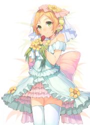 Rule 34 | 10s, 1girl, absurdres, blush, bouquet, dress, flower, highres, hoshizora rin, kame^^, looking at viewer, love live!, love live! school idol festival, love live! school idol project, love wing bell, orange hair, short hair, smile, solo, veil, yellow eyes