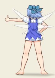 Rule 34 | 1girl, ass, barefoot, blue dress, blue hair, brown background, cirno, dress, female focus, from behind, full body, hair ribbon, hand on own hip, ice, ice wings, iromeki overdrive, kneepits, microdress, outstretched arm, puffy short sleeves, puffy sleeves, ribbon, shirt, short dress, short hair, short sleeves, simple background, sleeveless, sleeveless dress, solo, thumbs up, touhou, white shirt, wind, wings