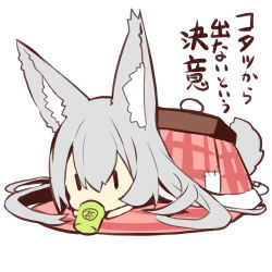 Rule 34 | 1girl, absurdres, animal ear fluff, animal ears, chibi, commentary request, cup, fox ears, fox girl, fox tail, grey hair, hair between eyes, highres, holding, holding cup, kotatsu, long hair, lying, on stomach, original, plaid, solo, table, tail, translation request, under kotatsu, under table, very long hair, white background, yunomi, yuuji (yukimimi), | |