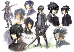 Rule 34 | 10s, 1boy, black hair, black jacket, blush stickers, boots, character name, decoponmagi, final fantasy, final fantasy xv, fingerless gloves, gloves, jacket, male focus, multiple views, noctis lucis caelum, single glove, spiked hair, sweatdrop, sword, weapon
