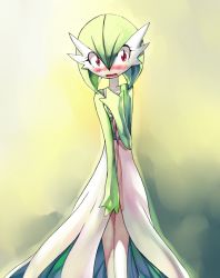 Rule 34 | 1girl, bad id, bad pixiv id, blush, bob cut, breasts, colored skin, creatures (company), embarrassed, female focus, game freak, gardevoir, gen 3 pokemon, gradient background, green background, green hair, green skin, hair between eyes, hand on own chest, hand up, legs together, looking at viewer, multicolored skin, nintendo, nme, nose blush, outline, pokemon, pokemon (creature), red eyes, short hair, simple background, small breasts, solo, standing, surprised, sweat, sweatdrop, two-tone skin, white skin, wide-eyed