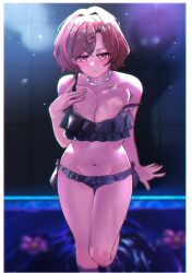 1girl absurdres bikini black_bikini blush breasts brown_hair cleavage collarbone commentary flower_on_liquid frilled_bikini frills groin highres higuchi_madoka idolmaster idolmaster_shiny_colors jewelry looking_ahead medium_breasts mole mole_under_eye navel necklace over_flow99 short_hair soaking_feet solo stomach strap_slip swimsuit thigh_gap