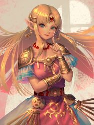 Rule 34 | 1girl, arm across waist, armor, artist name, bellhenge, belt, blonde hair, blush, bracer, circlet, closed mouth, dress, earrings, finger to cheek, gold, green eyes, jewelry, light blush, lips, long hair, looking at viewer, necklace, nintendo, nose, pointy ears, princess zelda, shoulder armor, sidelocks, smile, solo, standing, super smash bros., the legend of zelda, the legend of zelda: a link between worlds, upper body, very long hair