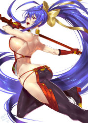 Rule 34 | 1girl, antenna hair, arc system works, ass, bare shoulders, blazblue, blue hair, boots, bow, breasts, butt crack, fingerless gloves, from behind, gloves, hair bow, highres, ippo, large breasts, long hair, looking at viewer, mai natsume, open mouth, pants, polearm, ponytail, purple eyes, shiny clothes, shiny skin, sideboob, skin tight, solo, spear, very long hair, weapon