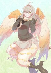 Rule 34 | 1girl, ahoge, animal hands, bird legs, bird tail, blush, book, bow, bowtie, breasts, brown eyes, brown hair, commentary request, feathered wings, feathers, feet out of frame, full body, glasses, gradient background, hair intakes, hair over one eye, harpy, holding, holding book, holding pointer, long hair, monster girl, neck fur, neck ruff, pointer, purasu no konbu, red-framed eyewear, simple background, smile, solo, tail, tokyo houkago summoners, white feathers, wings, ziz (housamo)