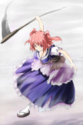 Rule 34 | 1girl, breasts, cleavage, covered erect nipples, female focus, large breasts, looking at viewer, mirino, onozuka komachi, red eyes, red hair, scythe, short hair, smile, solo, touhou