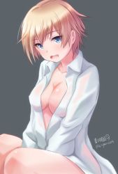 Rule 34 | 1girl, blonde hair, blue eyes, brave witches, breasts, cleavage, collarbone, commentary request, grey background, haruhata mutsuki, medium breasts, naked shirt, nikka edvardine katajainen, open mouth, shirt, short hair, simple background, sitting, smile, v arms, world witches series