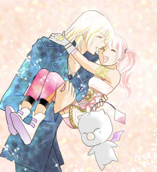 Rule 34 | 10s, 1girl, 2boys, armband, blonde hair, carrying, chococookies, couple, closed eyes, final fantasy, final fantasy xiii, formal, gloves, happy, jewelry, lightning returns: final fantasy xiii, long hair, mog, moogle, multiple boys, necklace, open mouth, pink hair, princess carry, serah farron, side ponytail, smile, snow villiers, sparkle, suit, tears